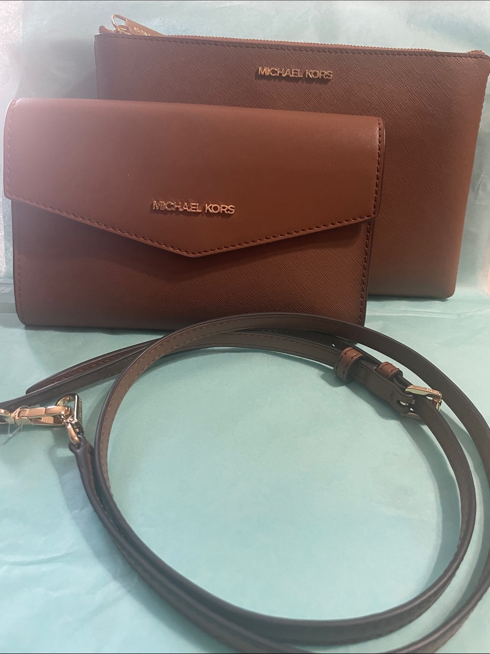 Michael Kors Brown Leather Crossbody Set with Removable Strap and Envelope Pouch